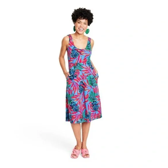 🌺 NWT! Tropical Print Sleeveless Dress - Tabitha Brown for Target Blue/Pink - Picture 1 of 8
